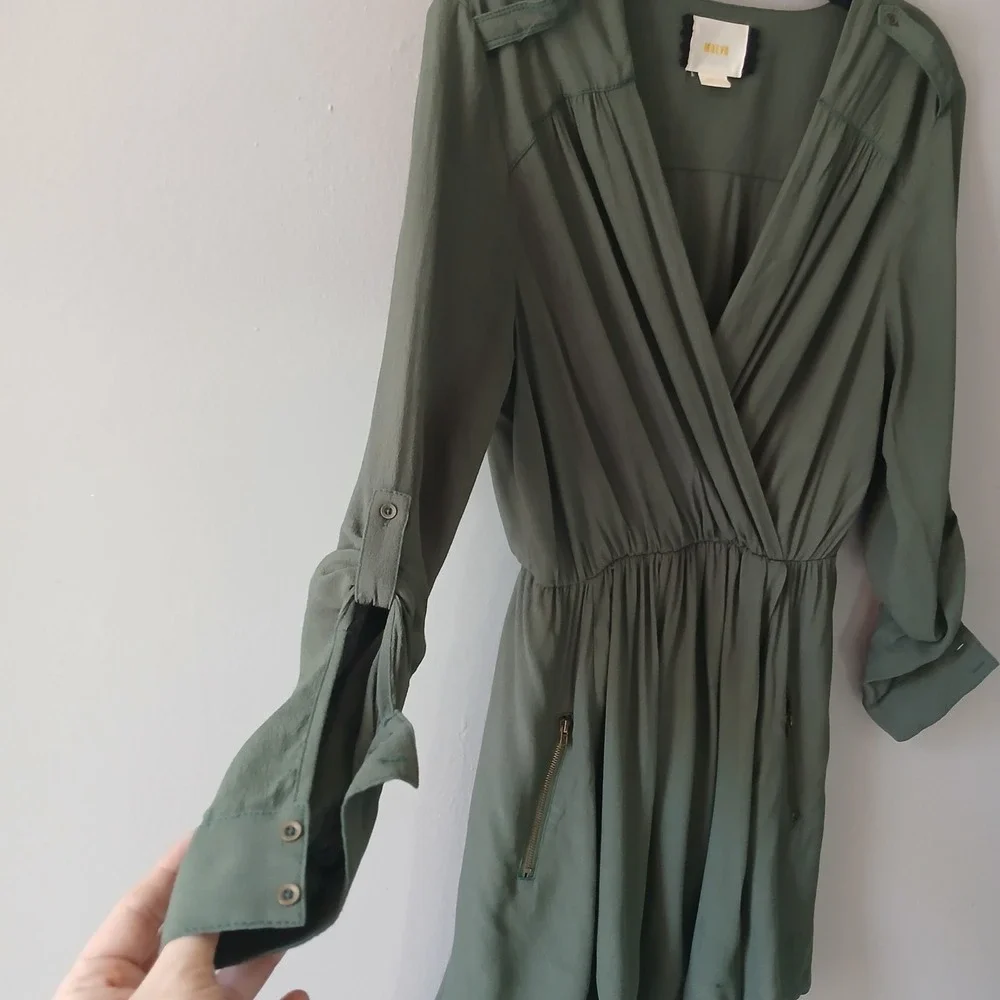 Maeve Women's Size XS Olive Green Faux Wrap Midi Dress Zip Pockets Roll-Tab - Picture 8 of 12